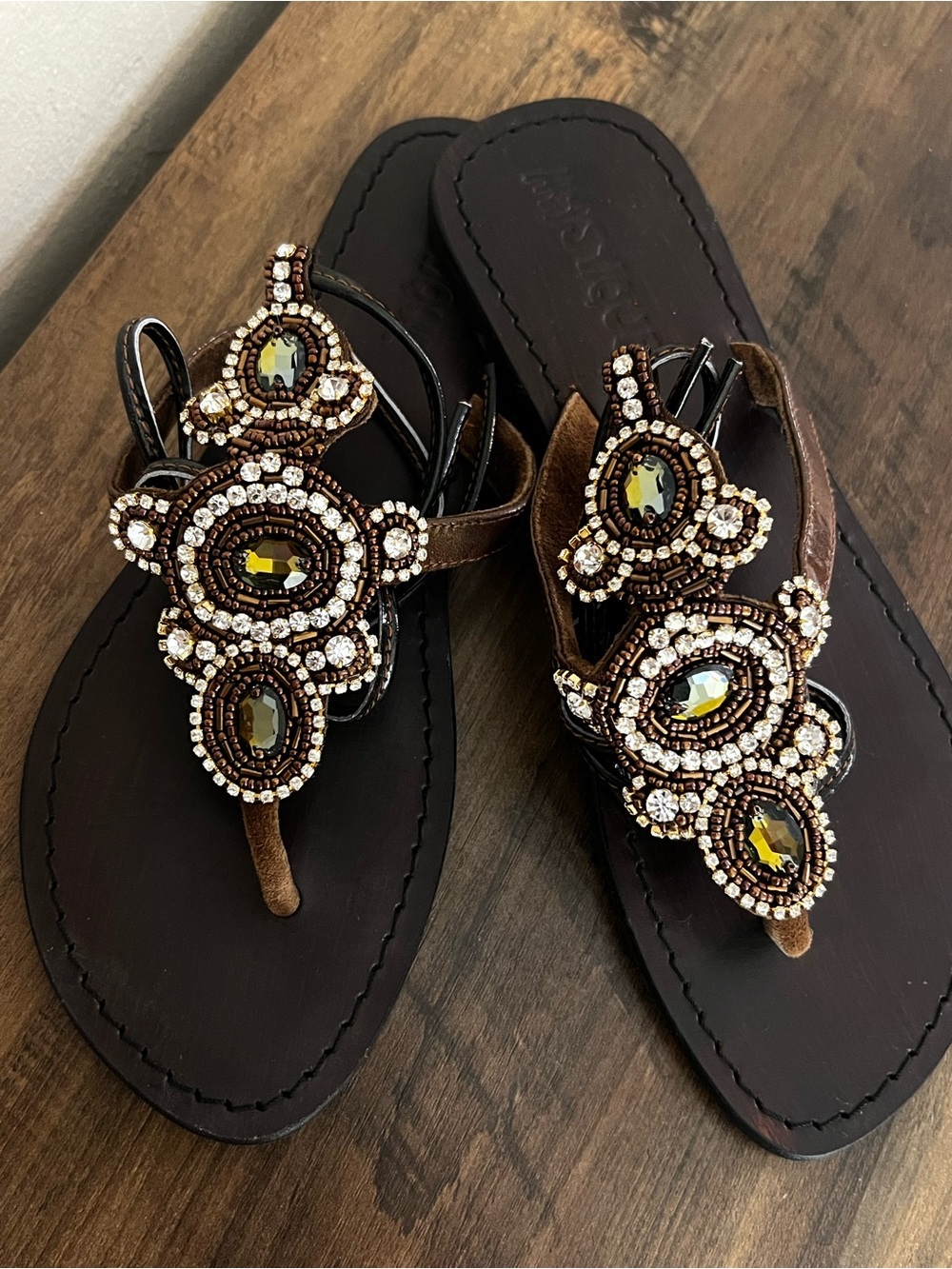 Mystique Boutique Brown Jeweled Strappy Gladiator Sandals Crystal Embellished